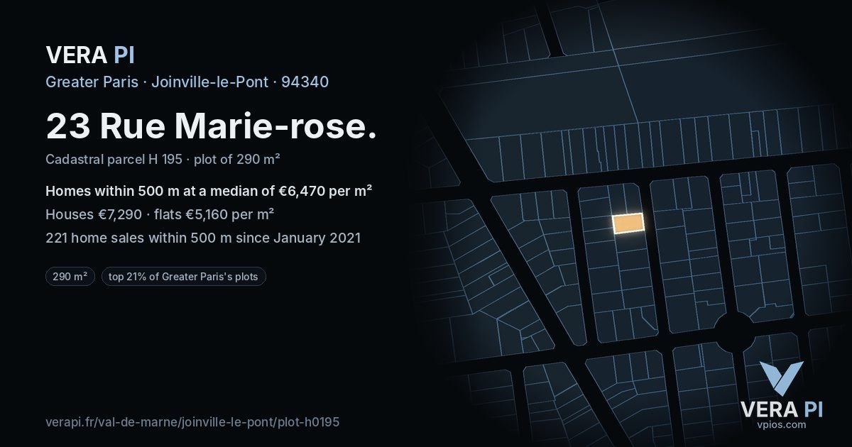 23 Rue Marie-rose, Joinville-le-Pont at night – the plot lit, the parcels around coloured by the prices near them