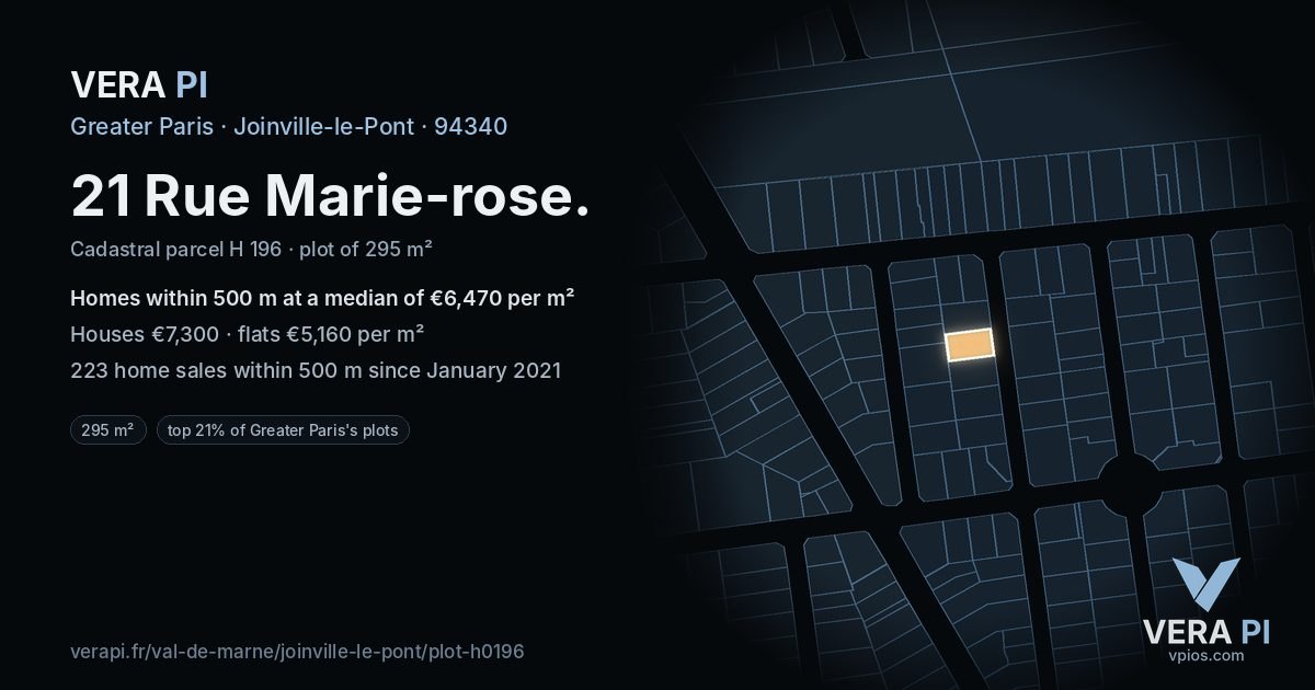 21 Rue Marie-rose, Joinville-le-Pont at night – the plot lit, the parcels around coloured by the prices near them