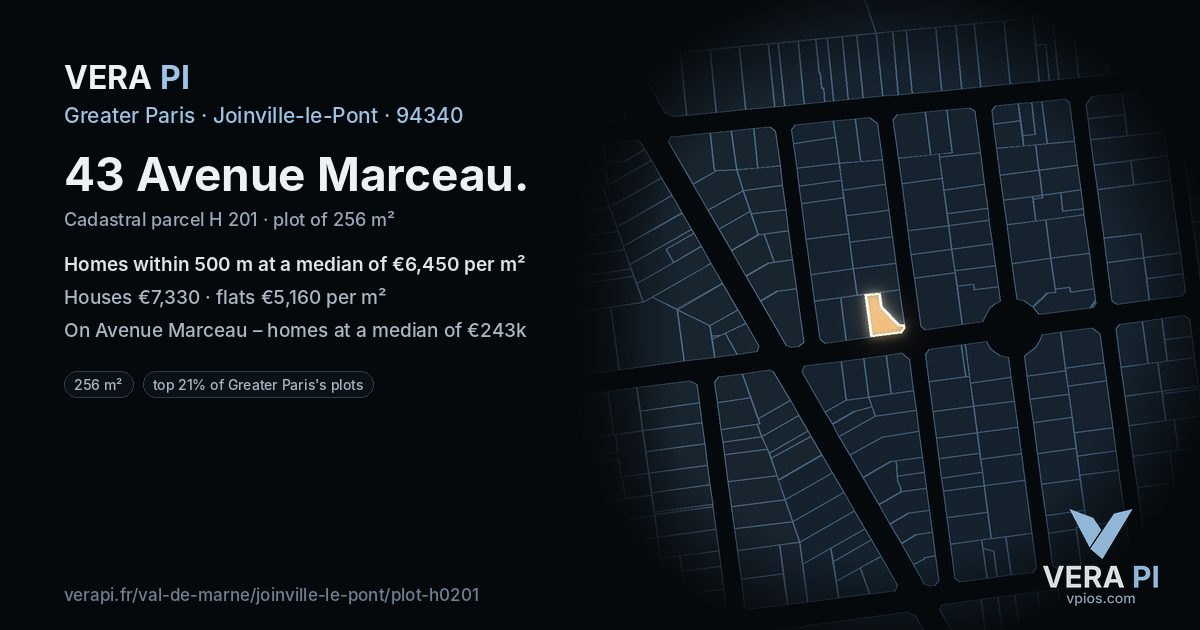 43 Avenue Marceau, Joinville-le-Pont at night – the plot lit, the parcels around coloured by the prices near them
