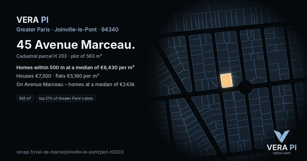 45 Avenue Marceau, Joinville-le-Pont at night – the plot lit, the parcels around coloured by the prices near them