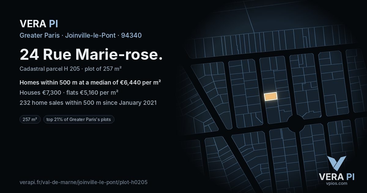 24 Rue Marie-rose, Joinville-le-Pont at night – the plot lit, the parcels around coloured by the prices near them