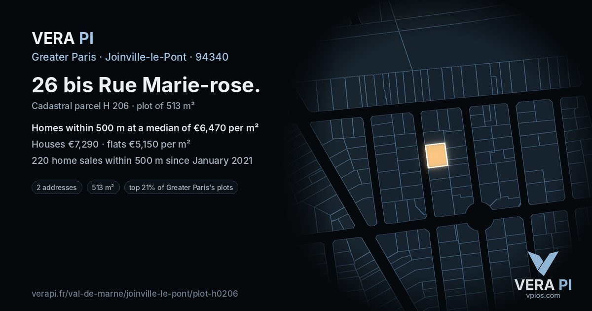 26 bis Rue Marie-rose, Joinville-le-Pont at night – the plot lit, the parcels around coloured by the prices near them