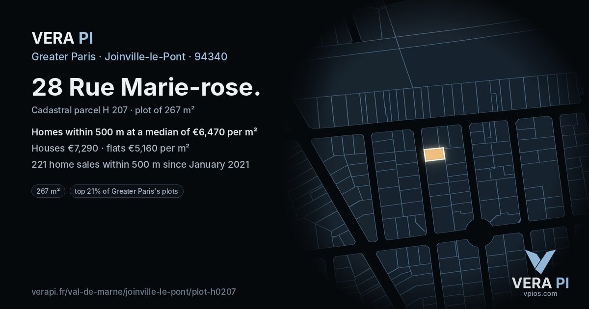 28 Rue Marie-rose, Joinville-le-Pont at night – the plot lit, the parcels around coloured by the prices near them