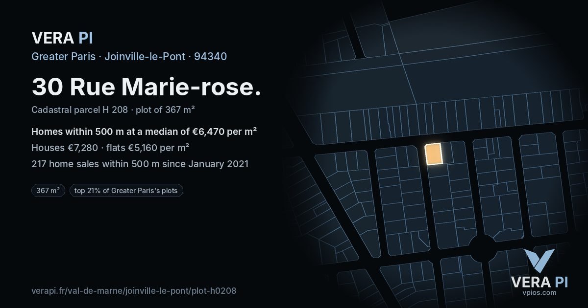 30 Rue Marie-rose, Joinville-le-Pont at night – the plot lit, the parcels around coloured by the prices near them