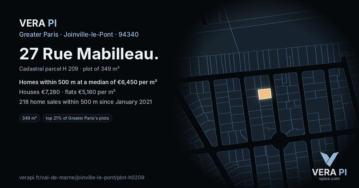 27 Rue Mabilleau, Joinville-le-Pont at night – the plot lit, the parcels around coloured by the prices near them