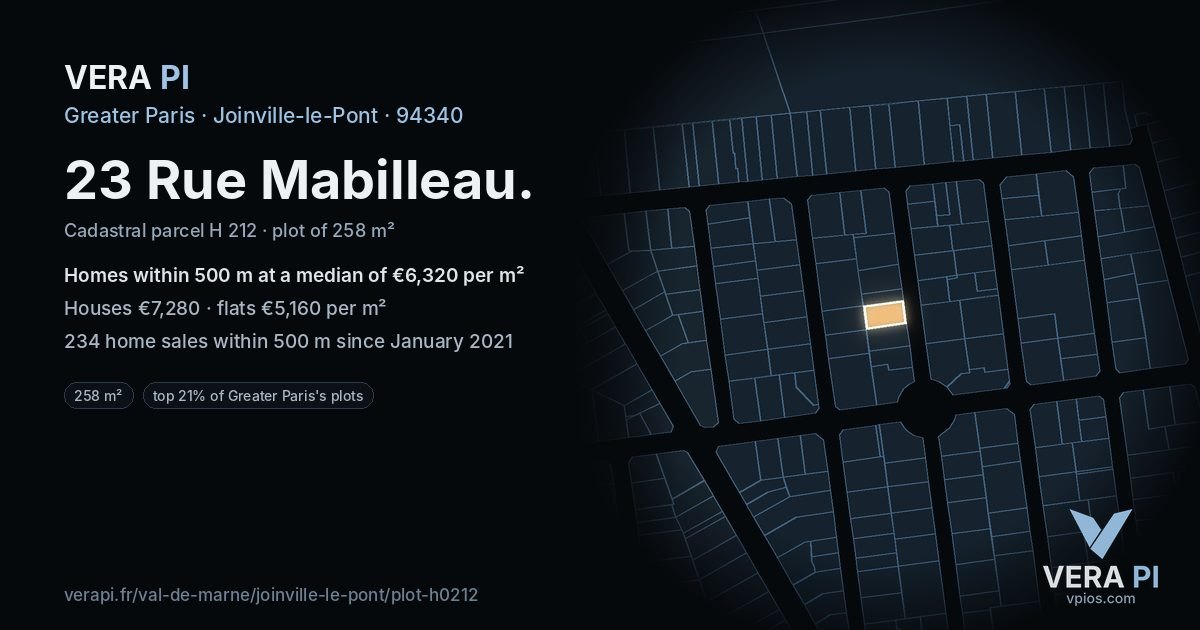23 Rue Mabilleau, Joinville-le-Pont at night – the plot lit, the parcels around coloured by the prices near them