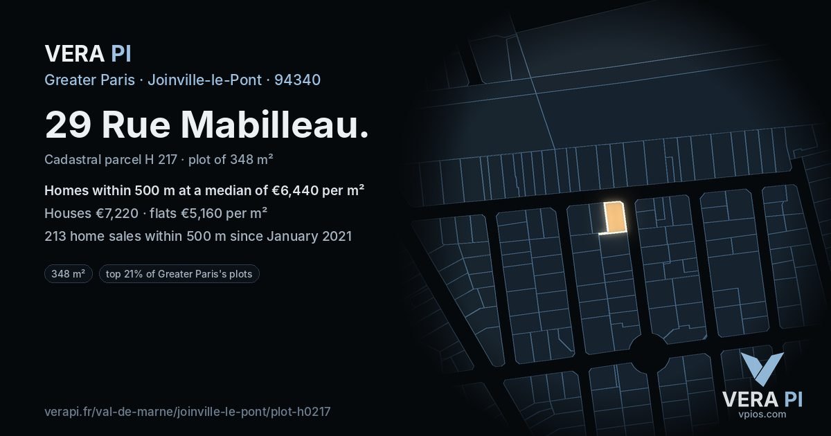 29 Rue Mabilleau, Joinville-le-Pont at night – the plot lit, the parcels around coloured by the prices near them