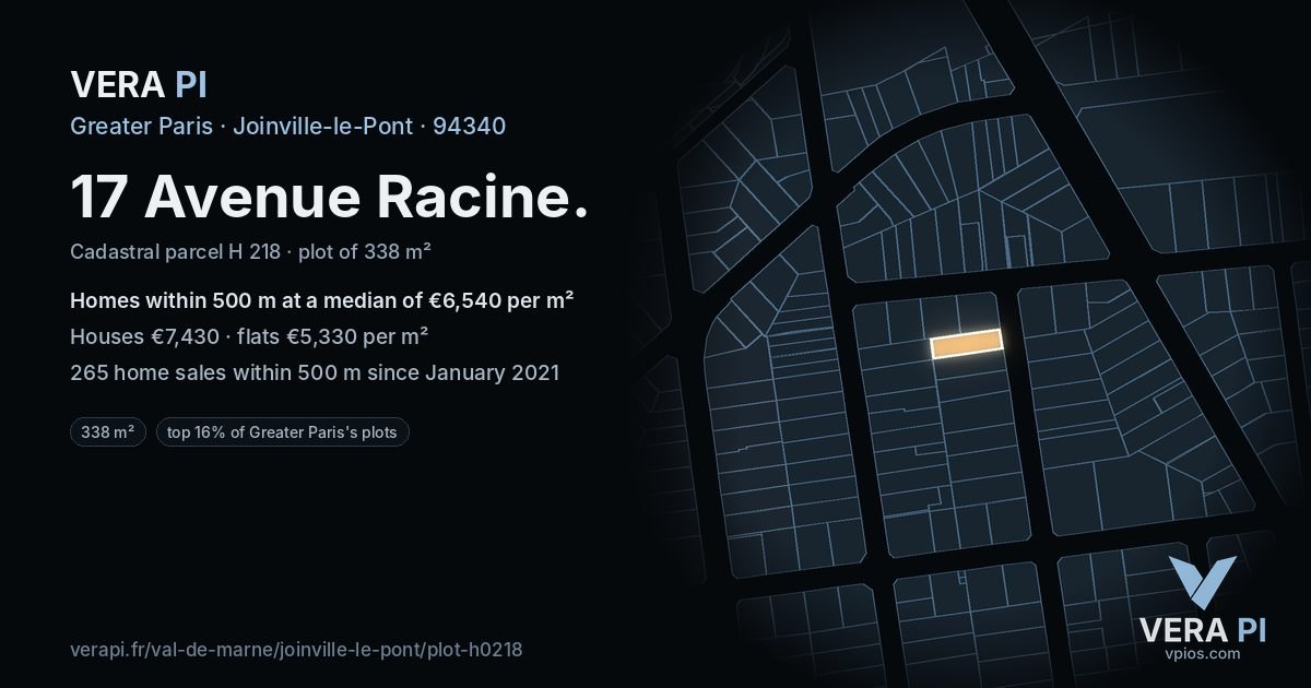 17 Avenue Racine, Joinville-le-Pont at night – the plot lit, the parcels around coloured by the prices near them