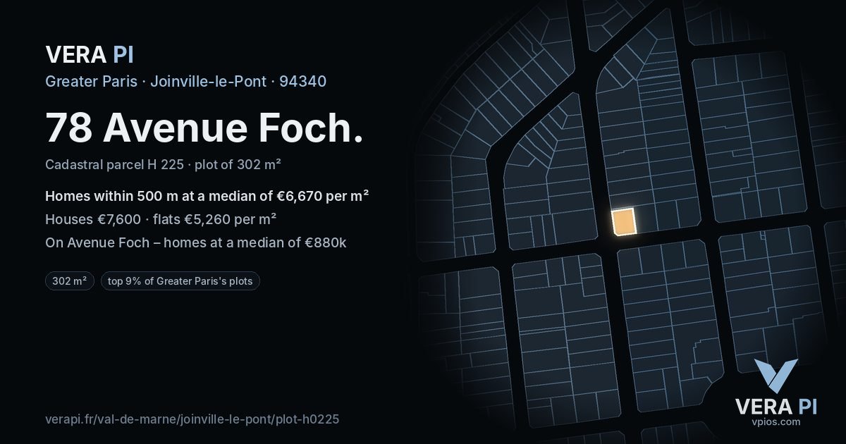 78 Avenue Foch, Joinville-le-Pont at night – the plot lit, the parcels around coloured by the prices near them