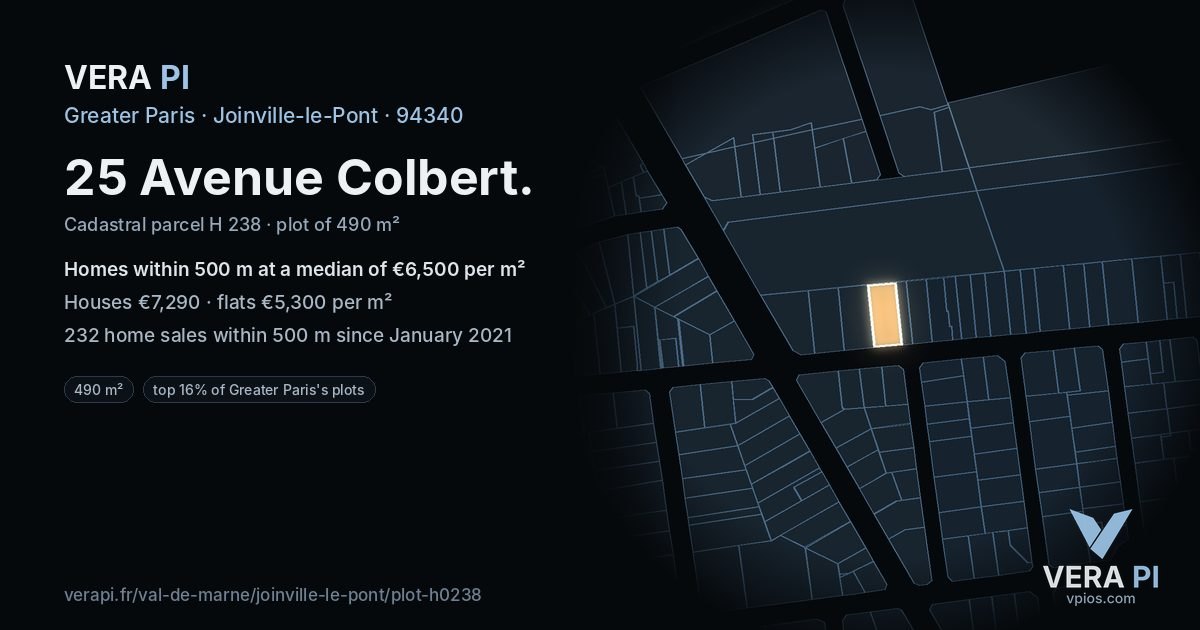 25 Avenue Colbert, Joinville-le-Pont at night – the plot lit, the parcels around coloured by the prices near them