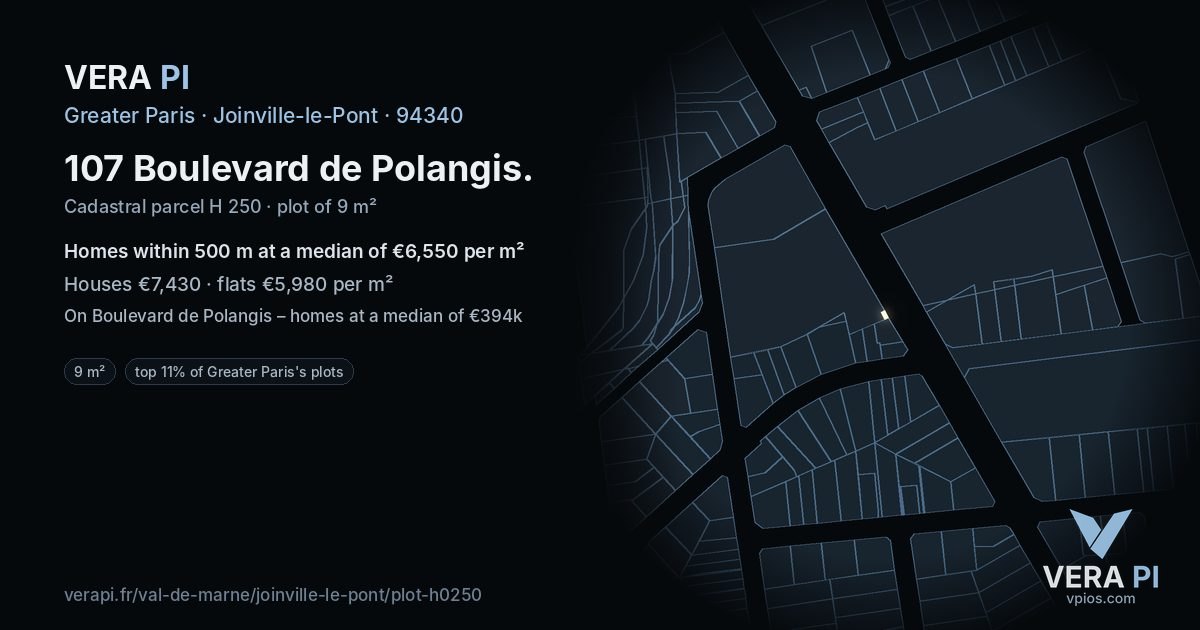 107 Boulevard de Polangis, Joinville-le-Pont at night – the plot lit, the parcels around coloured by the prices near them