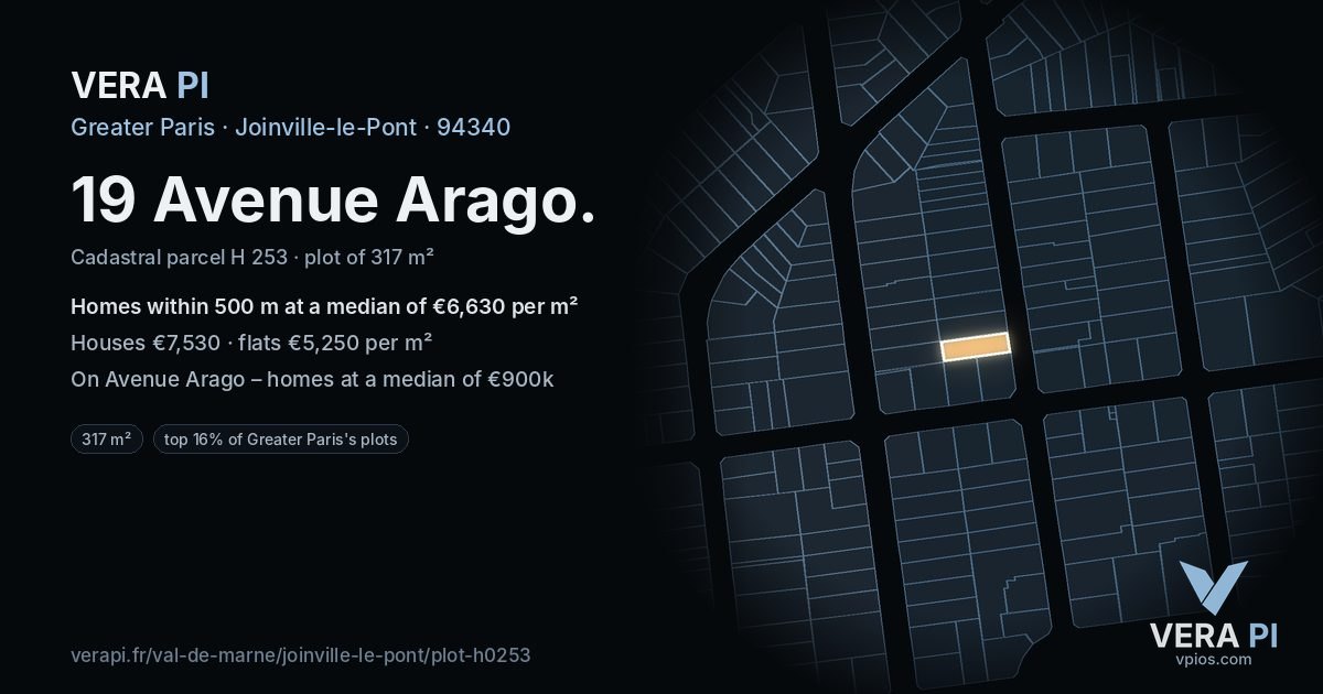 19 Avenue Arago, Joinville-le-Pont at night – the plot lit, the parcels around coloured by the prices near them