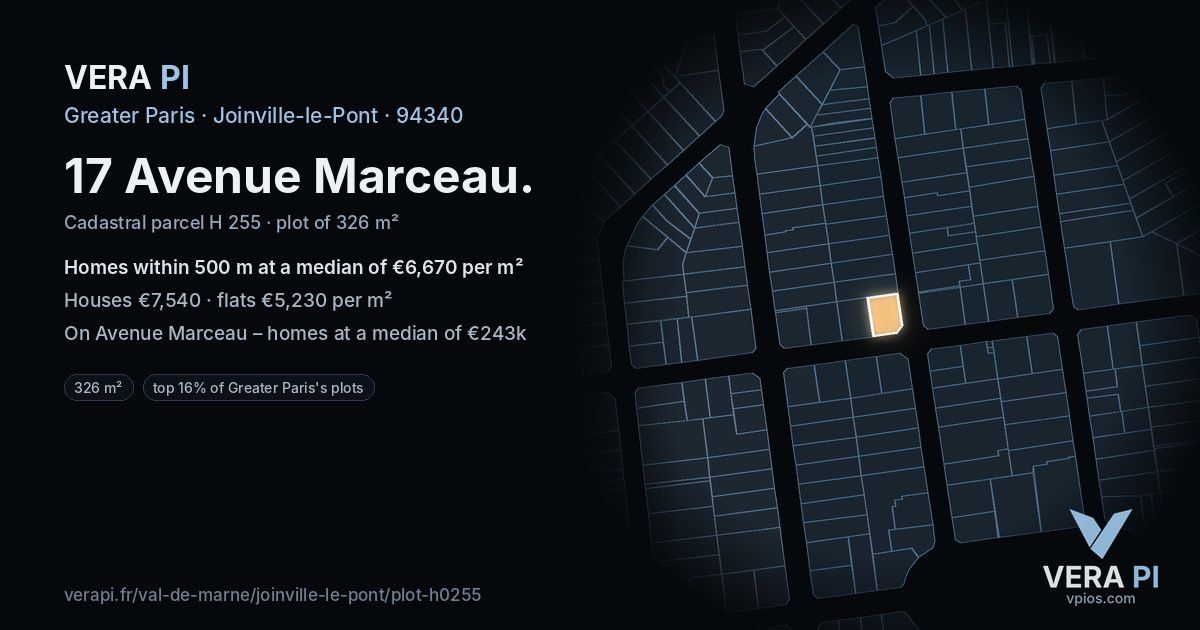 17 Avenue Marceau, Joinville-le-Pont at night – the plot lit, the parcels around coloured by the prices near them