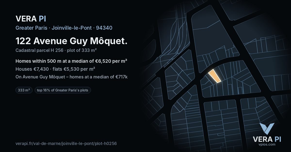 122 Avenue Guy Môquet, Joinville-le-Pont at night – the plot lit, the parcels around coloured by the prices near them
