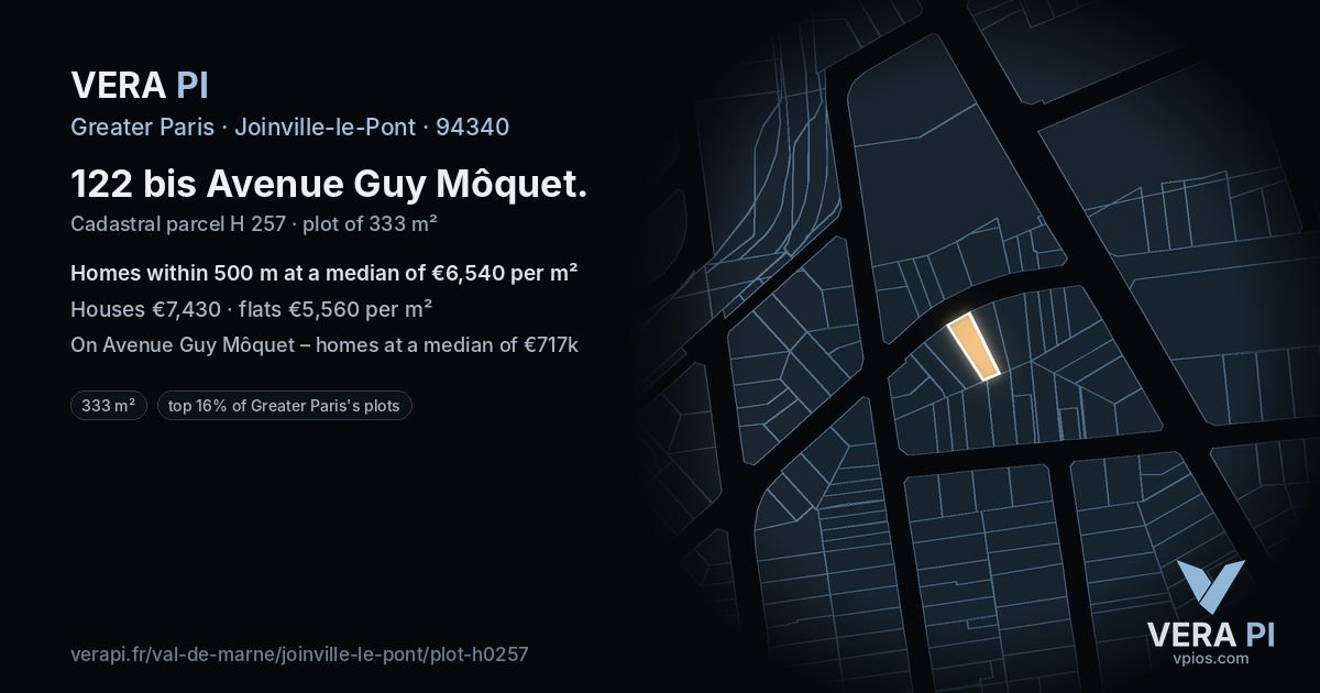 122 bis Avenue Guy Môquet, Joinville-le-Pont at night – the plot lit, the parcels around coloured by the prices near them