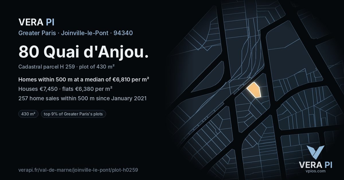 80 Quai d'Anjou, Joinville-le-Pont at night – the plot lit, the parcels around coloured by the prices near them