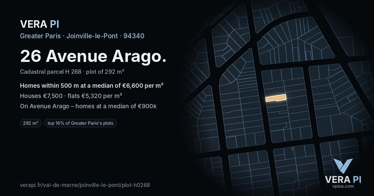 26 Avenue Arago, Joinville-le-Pont at night – the plot lit, the parcels around coloured by the prices near them