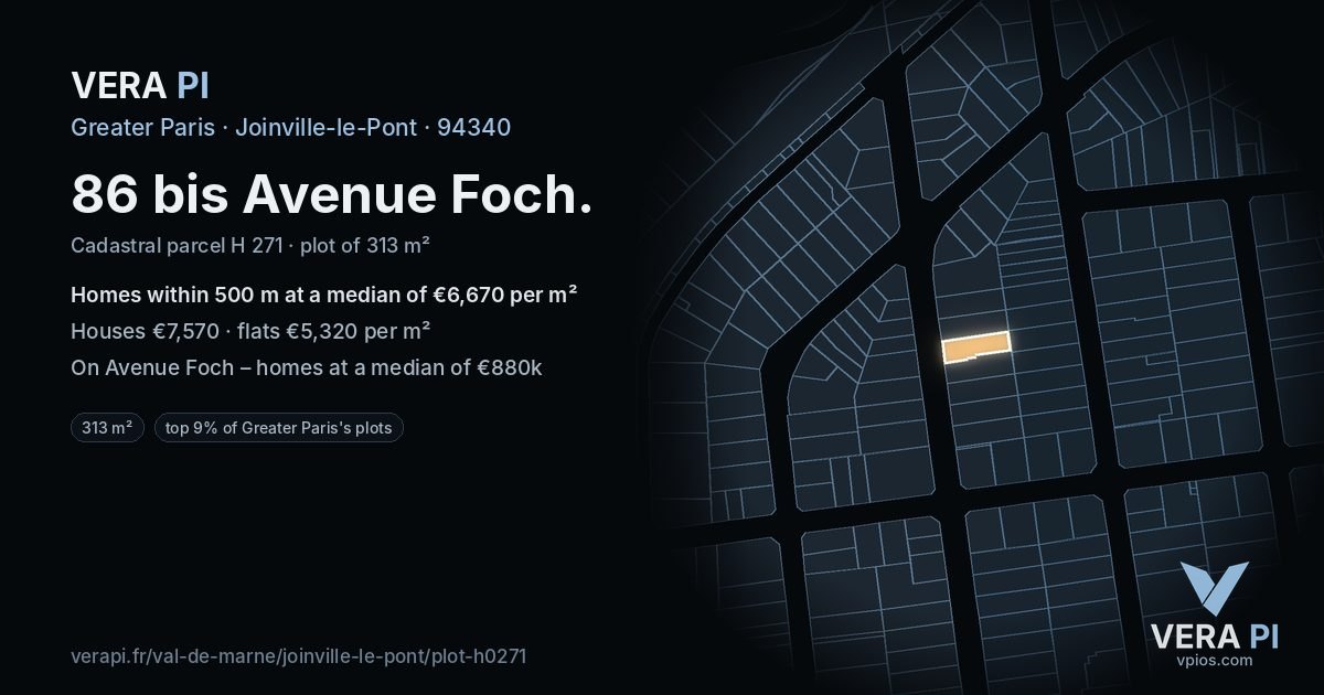 86 bis Avenue Foch, Joinville-le-Pont at night – the plot lit, the parcels around coloured by the prices near them