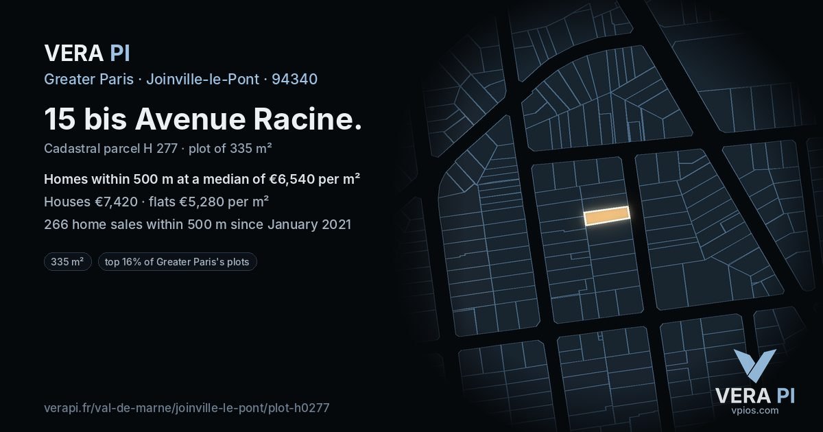 15 bis Avenue Racine, Joinville-le-Pont at night – the plot lit, the parcels around coloured by the prices near them