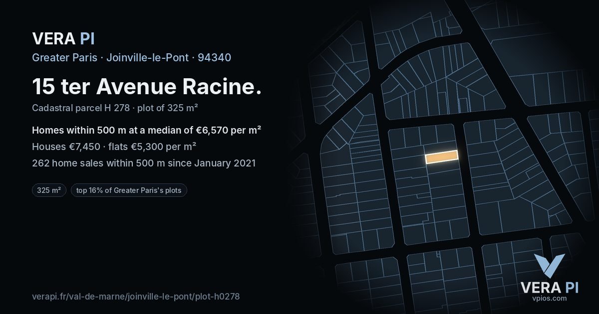 15 ter Avenue Racine, Joinville-le-Pont at night – the plot lit, the parcels around coloured by the prices near them