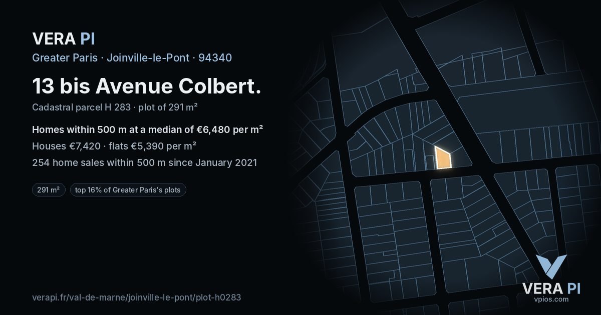13 bis Avenue Colbert, Joinville-le-Pont at night – the plot lit, the parcels around coloured by the prices near them