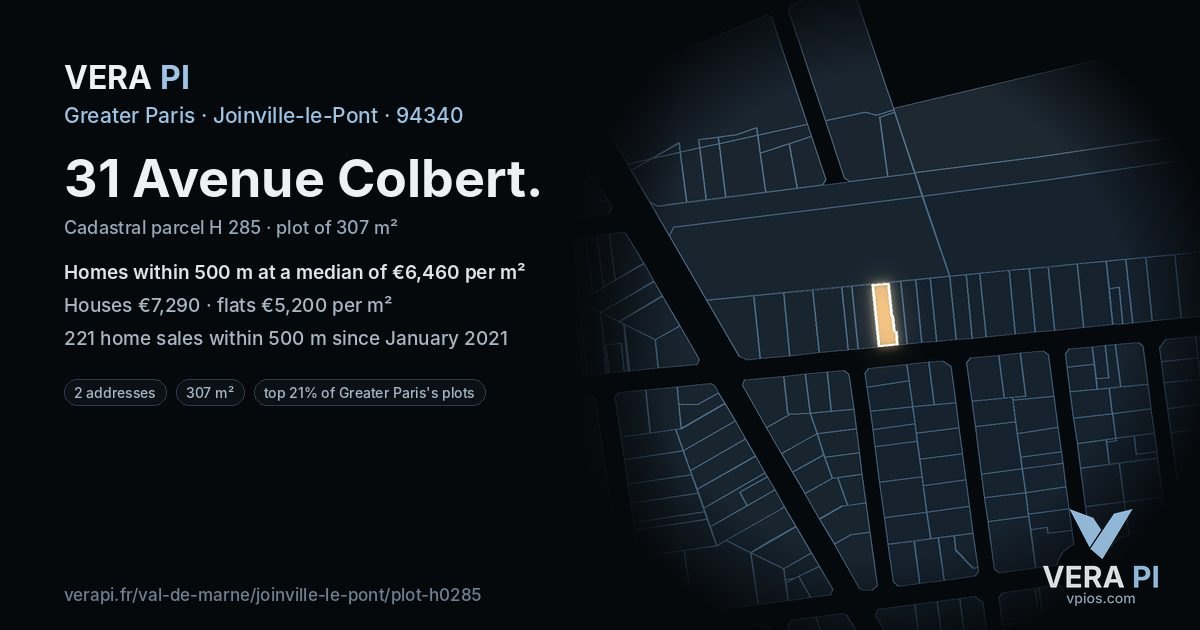 31 Avenue Colbert, Joinville-le-Pont at night – the plot lit, the parcels around coloured by the prices near them