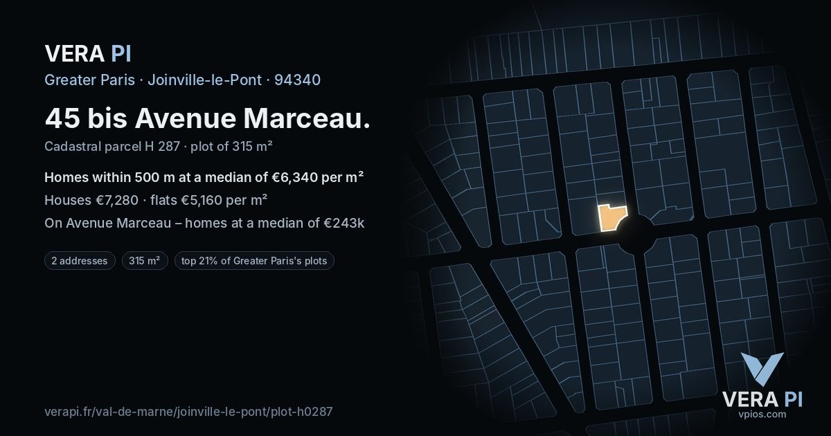45 bis Avenue Marceau, Joinville-le-Pont at night – the plot lit, the parcels around coloured by the prices near them