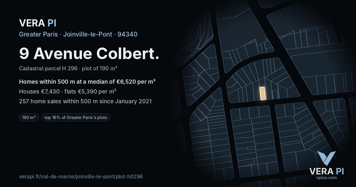 9 Avenue Colbert, Joinville-le-Pont at night – the plot lit, the parcels around coloured by the prices near them