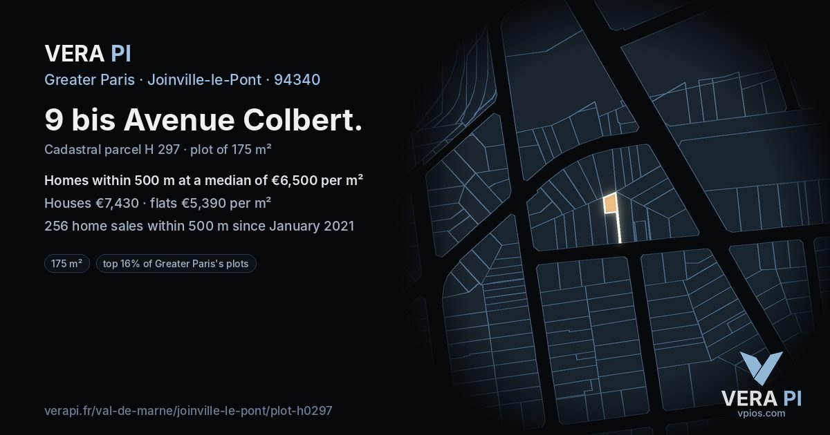 9 bis Avenue Colbert, Joinville-le-Pont at night – the plot lit, the parcels around coloured by the prices near them