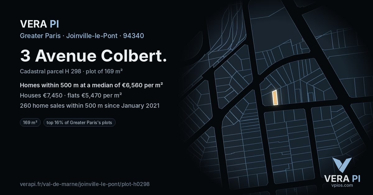 3 Avenue Colbert, Joinville-le-Pont at night – the plot lit, the parcels around coloured by the prices near them
