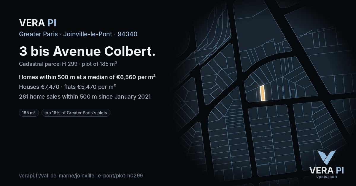 3 bis Avenue Colbert, Joinville-le-Pont at night – the plot lit, the parcels around coloured by the prices near them