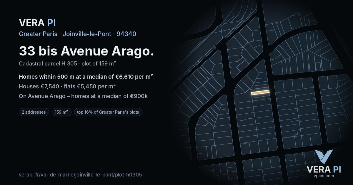33 bis Avenue Arago, Joinville-le-Pont at night – the plot lit, the parcels around coloured by the prices near them