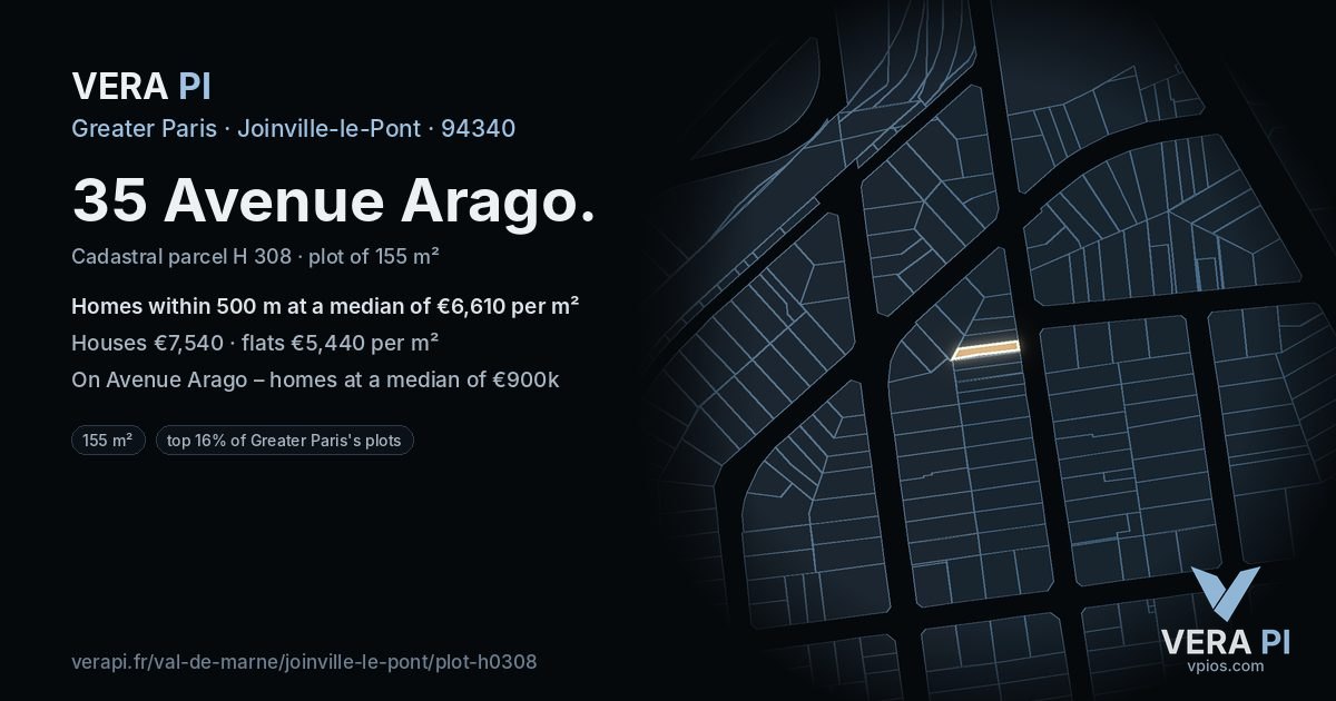 35 Avenue Arago, Joinville-le-Pont at night – the plot lit, the parcels around coloured by the prices near them
