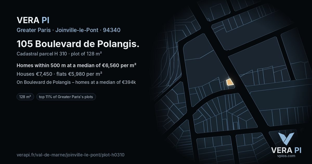 105 Boulevard de Polangis, Joinville-le-Pont at night – the plot lit, the parcels around coloured by the prices near them