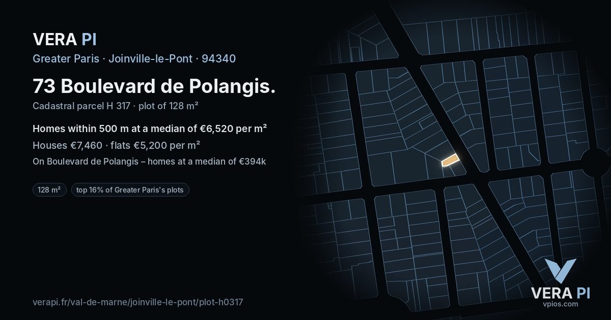 73 Boulevard de Polangis, Joinville-le-Pont at night – the plot lit, the parcels around coloured by the prices near them