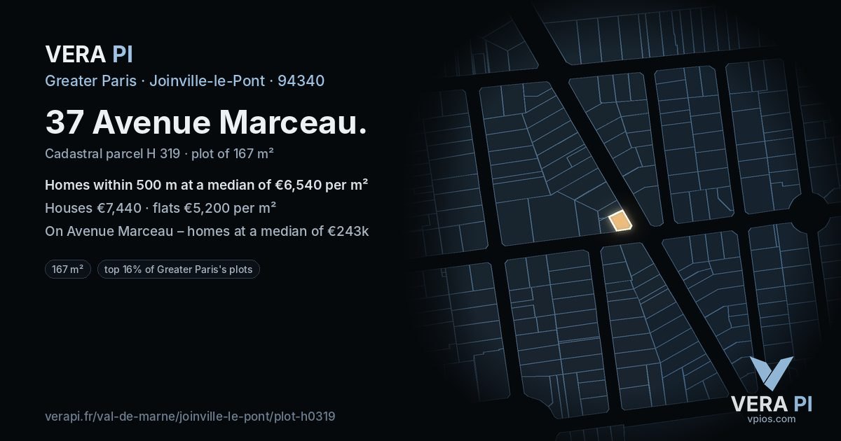 37 Avenue Marceau, Joinville-le-Pont at night – the plot lit, the parcels around coloured by the prices near them