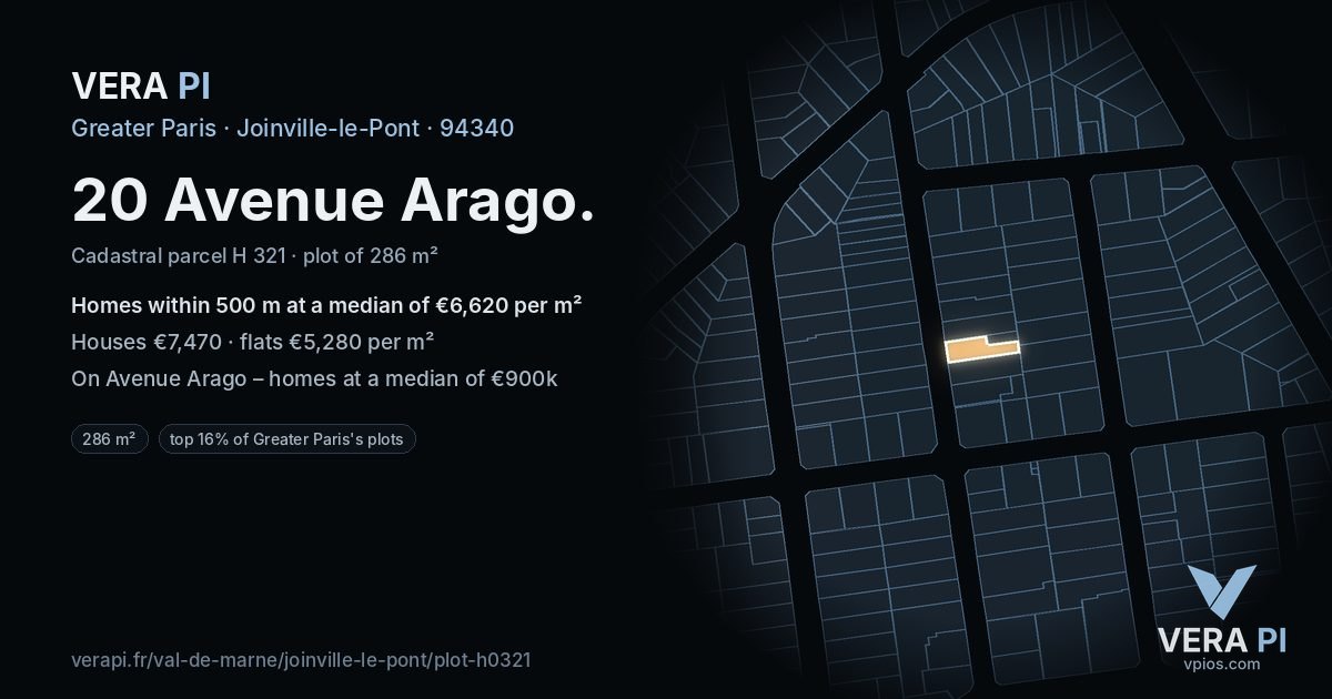 20 Avenue Arago, Joinville-le-Pont at night – the plot lit, the parcels around coloured by the prices near them