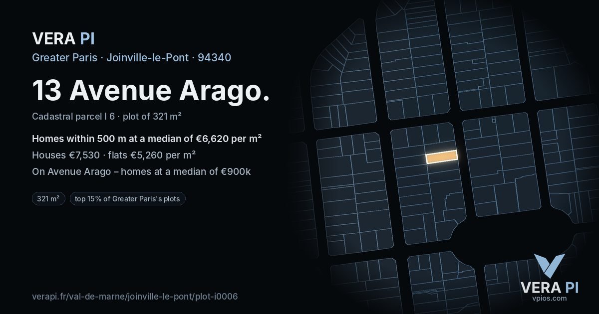 13 Avenue Arago, Joinville-le-Pont at night – the plot lit, the parcels around coloured by the prices near them