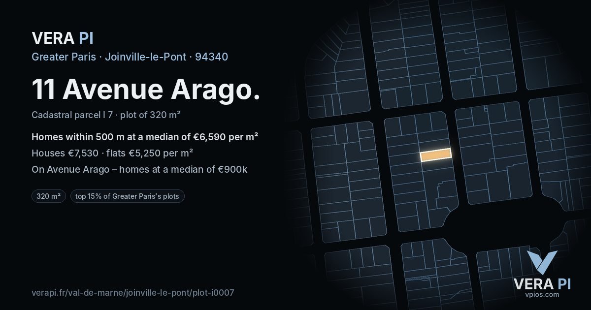 11 Avenue Arago, Joinville-le-Pont at night – the plot lit, the parcels around coloured by the prices near them