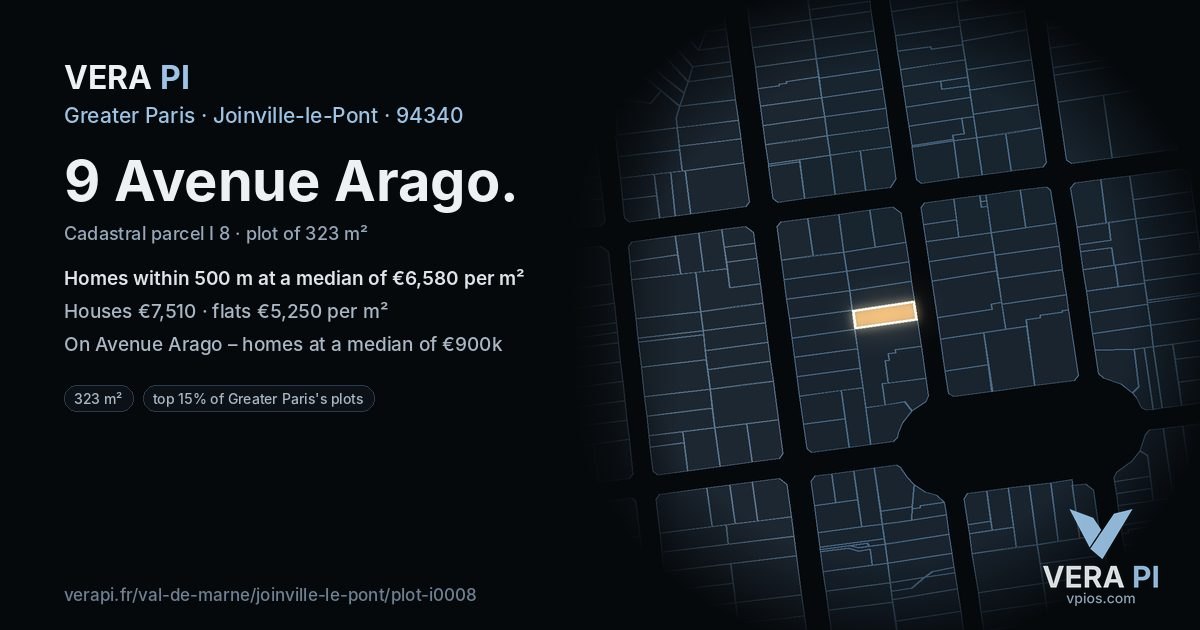 9 Avenue Arago, Joinville-le-Pont at night – the plot lit, the parcels around coloured by the prices near them