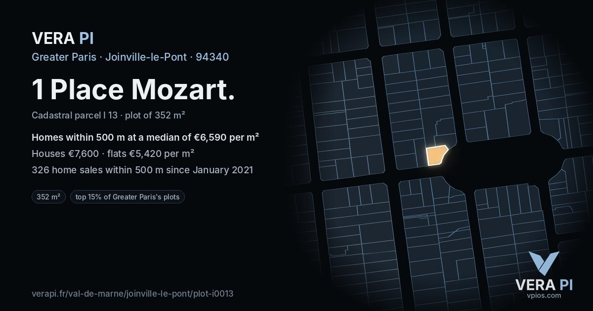 1 Place Mozart, Joinville-le-Pont at night – the plot lit, the parcels around coloured by the prices near them