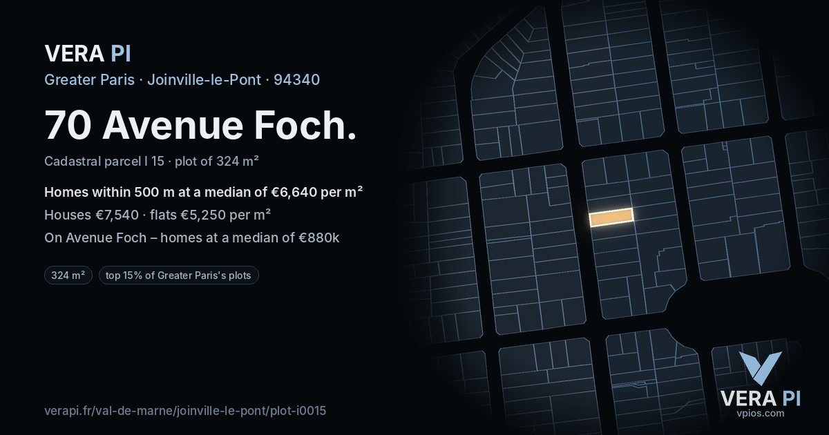 70 Avenue Foch, Joinville-le-Pont at night – the plot lit, the parcels around coloured by the prices near them