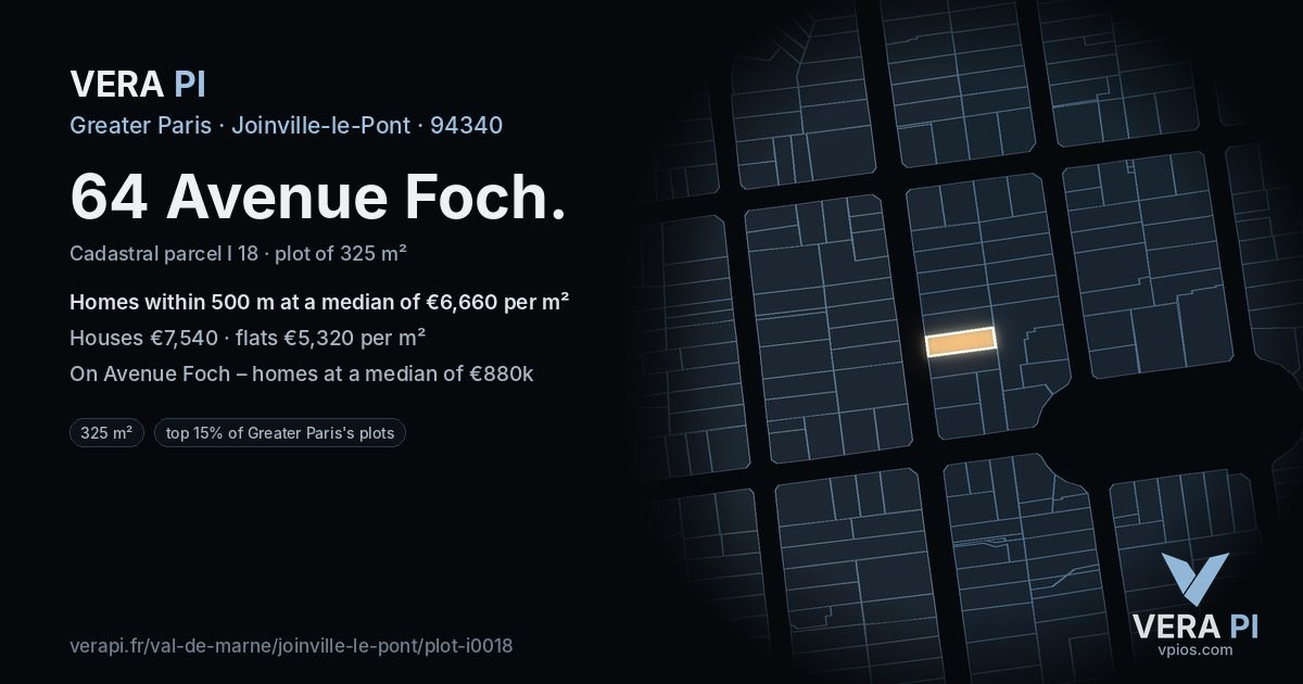 64 Avenue Foch, Joinville-le-Pont at night – the plot lit, the parcels around coloured by the prices near them