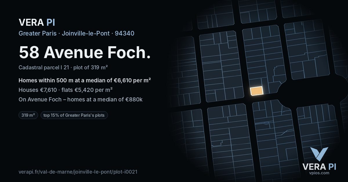 58 Avenue Foch, Joinville-le-Pont at night – the plot lit, the parcels around coloured by the prices near them