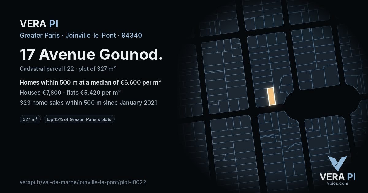 17 Avenue Gounod, Joinville-le-Pont at night – the plot lit, the parcels around coloured by the prices near them