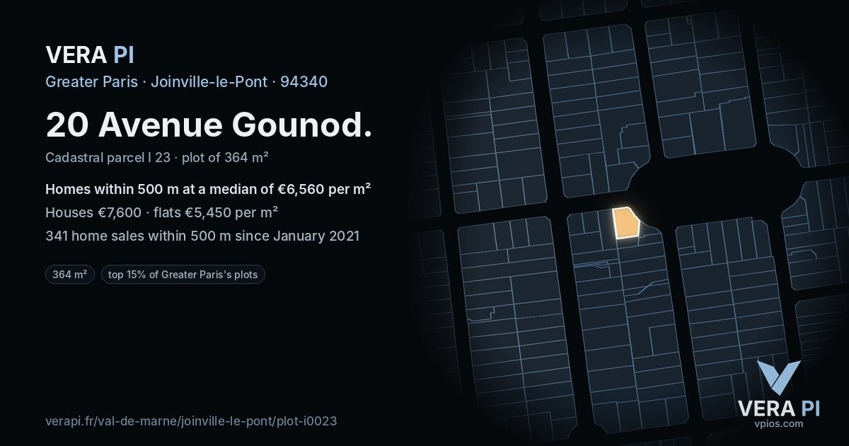 20 Avenue Gounod, Joinville-le-Pont at night – the plot lit, the parcels around coloured by the prices near them