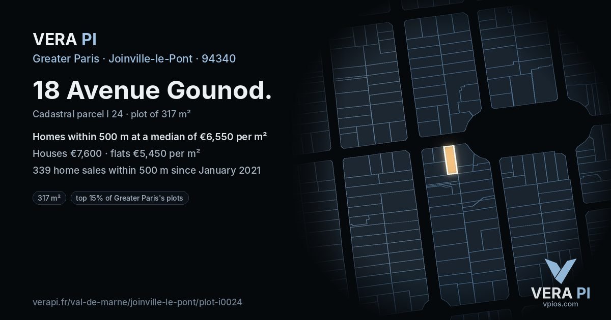 18 Avenue Gounod, Joinville-le-Pont at night – the plot lit, the parcels around coloured by the prices near them