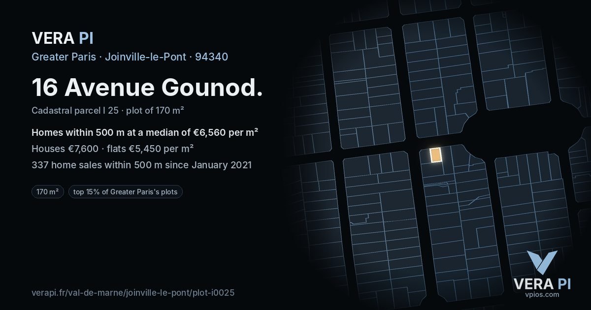 16 Avenue Gounod, Joinville-le-Pont at night – the plot lit, the parcels around coloured by the prices near them