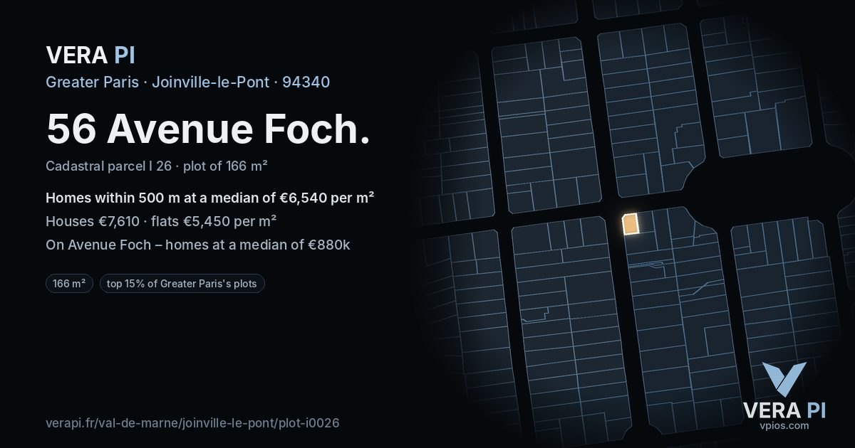56 Avenue Foch, Joinville-le-Pont at night – the plot lit, the parcels around coloured by the prices near them