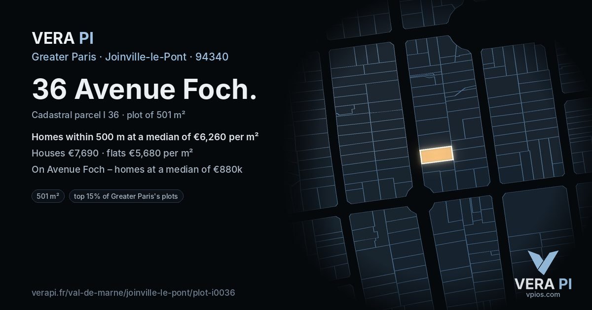 36 Avenue Foch, Joinville-le-Pont at night – the plot lit, the parcels around coloured by the prices near them